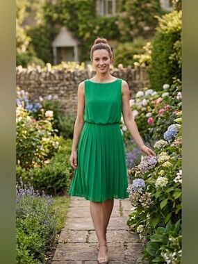 Lauren Ralph Lauren Green Pleated Chiffon Fit & Flare Dress Size 10